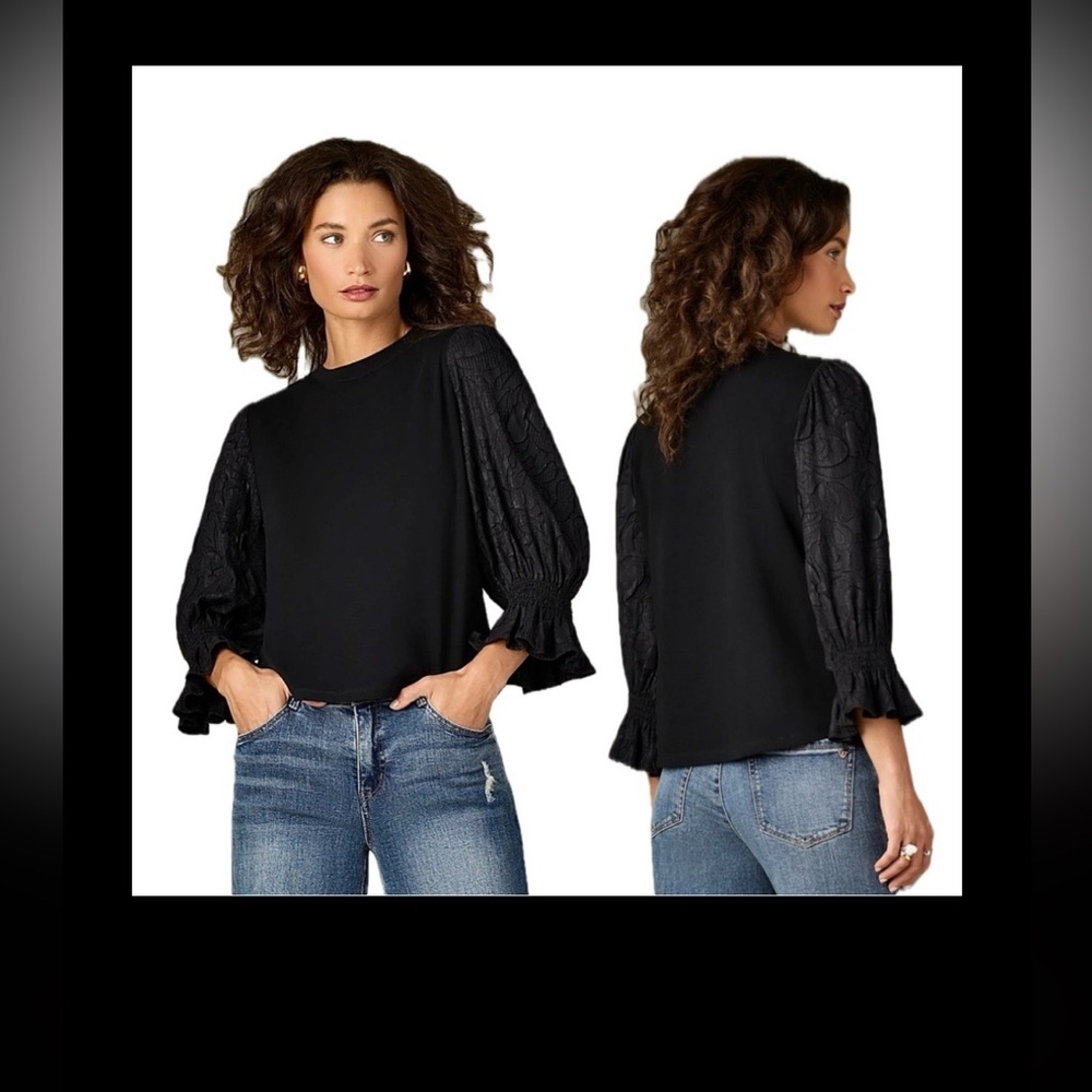NWT Wit & Wisdom Black Flounce Sleeve Round Neck Mixed Media Top